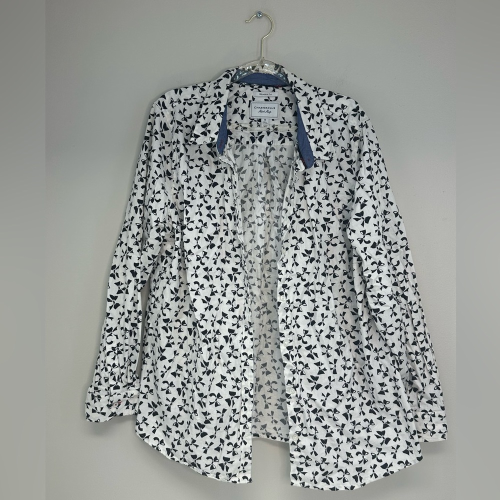 Charter Club Black and White Bows button down relaxed fit shirt women’s size 18
